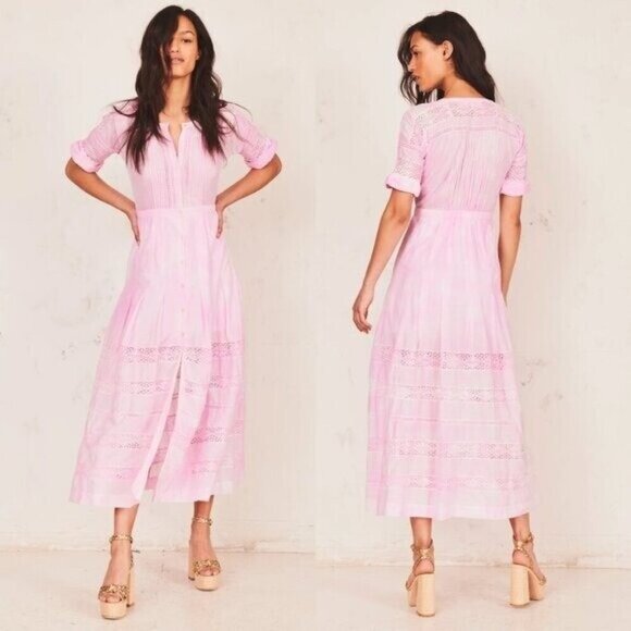 LoveShackFancy Edie Crochet Trim Midi Dress in Peony Pink - Picture 1 of 12